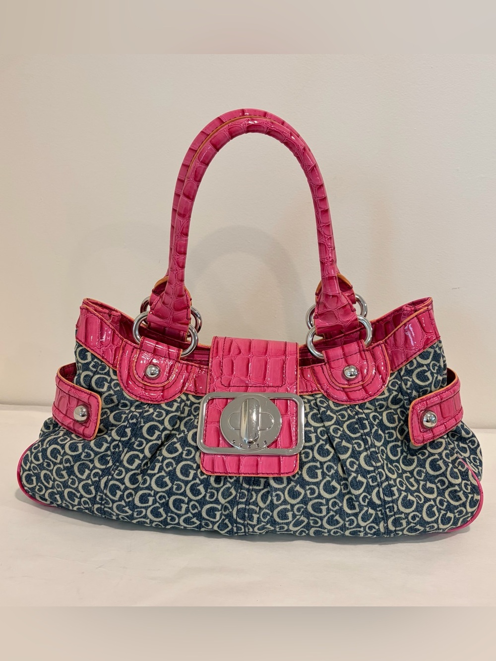 Vintage Y2K Guess Canvas Monogram hobo Bag Faux Embossed croc soho Purse